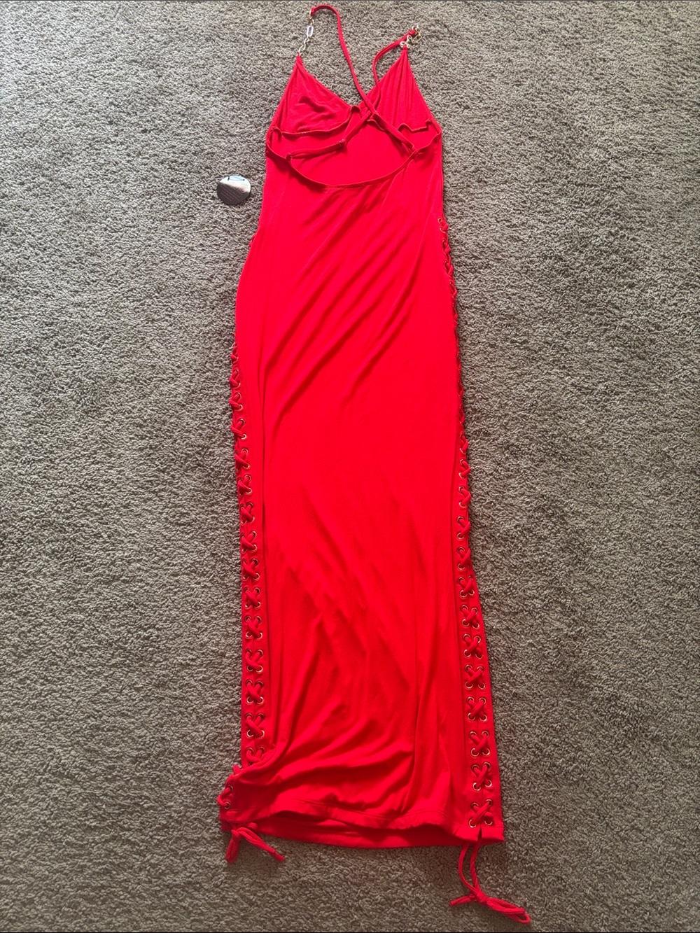 Hot Miami Styles Red Lace-Up Side Maxi Dress with Spaghetti Straps, Medium